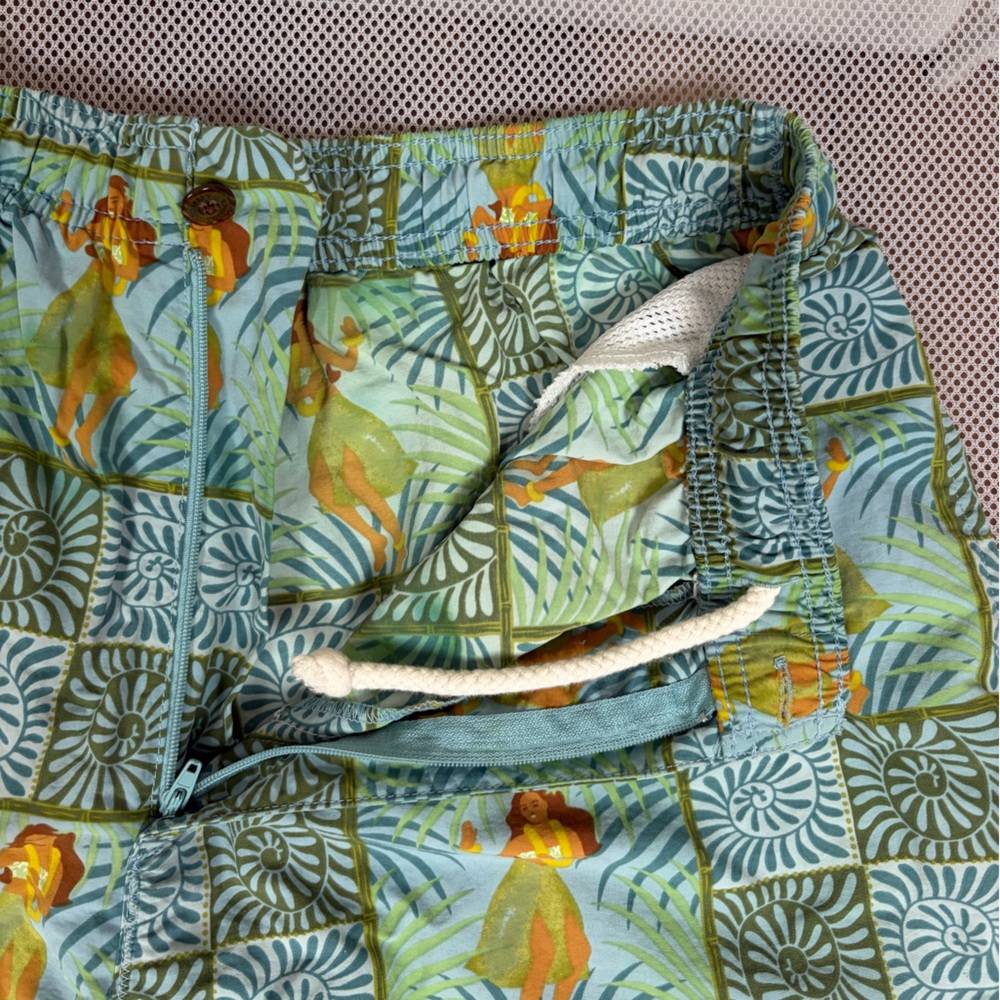 Tommy Bahama Hula Girl Swim Trunks S Blue Green Geometric Mesh Lined Nylon T9318 - Picture 4 of 15